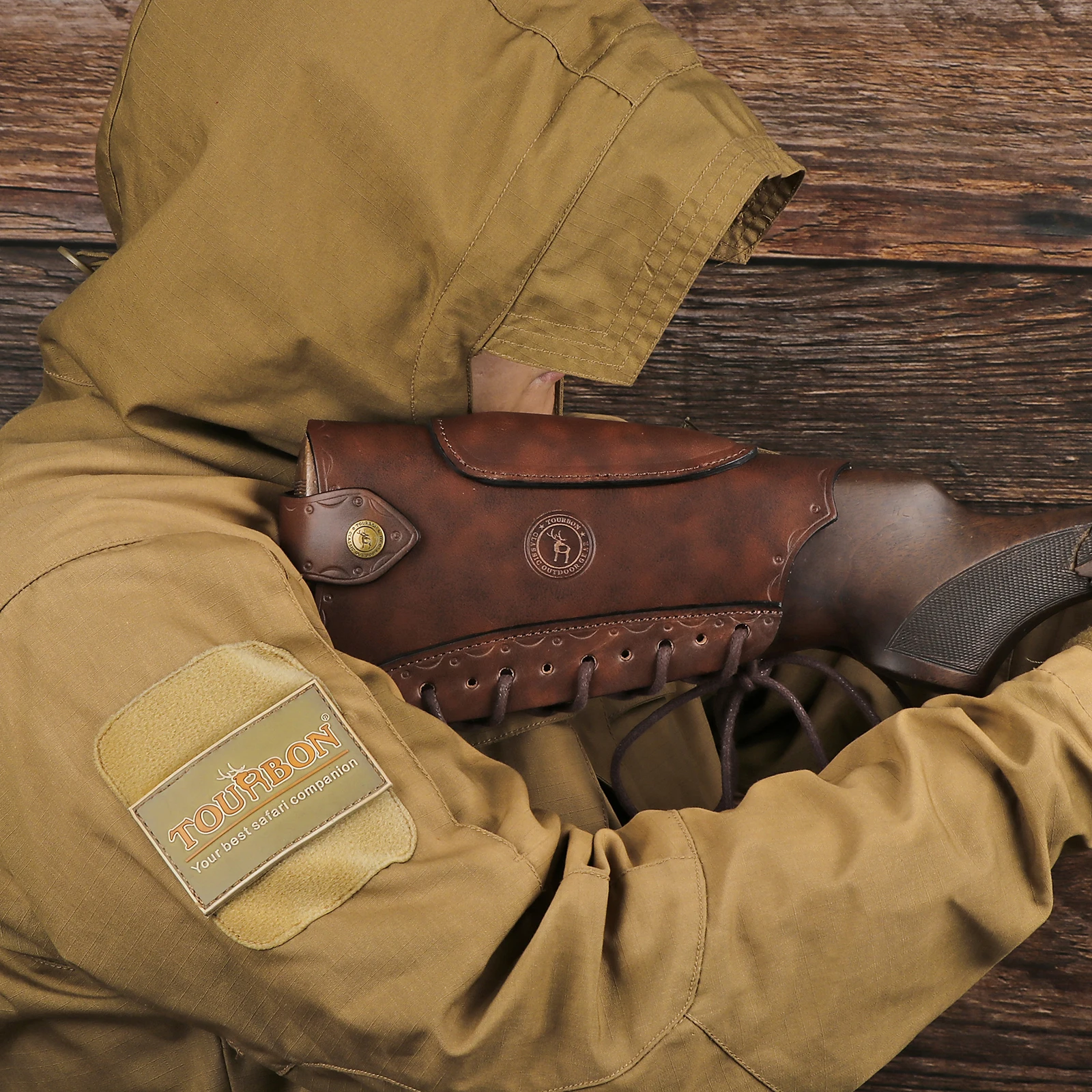 Tourbon-funda de cuero Vintage para pistola, reposamanos para Rifle, almohadilla elevadora, cierre de cuerda, accesorios de caza marrones ajustables - imagen 2