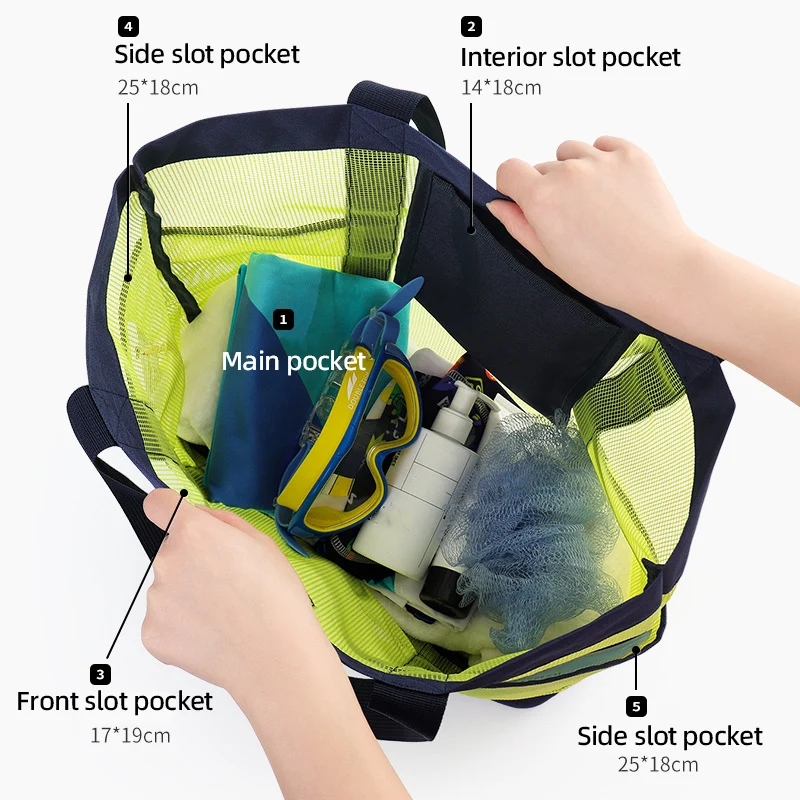 Bolso de hombro para natación de playa de secado rápido, bolsa de lavado de malla de gran capacidad, múltiples bolsillos, bolso de lavado de baño con cordón de verano - imagen 4