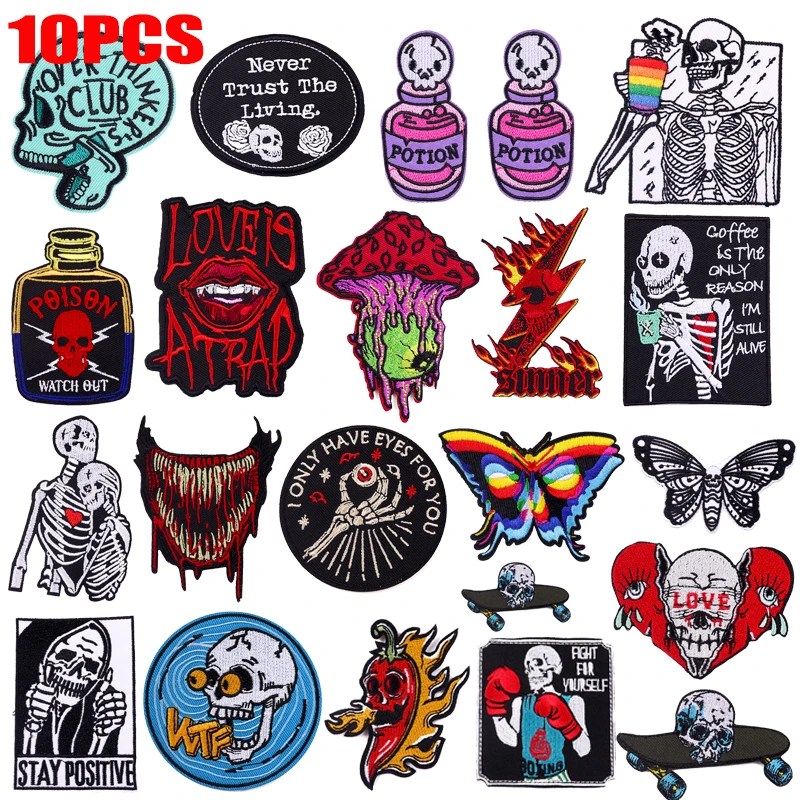 10PCS/lots Punk Skull Patch Horror Flame Butterfly Mouth Embroidered Patches For Clothes DIY Iron On Patches For Clothing DIY - imagen 2