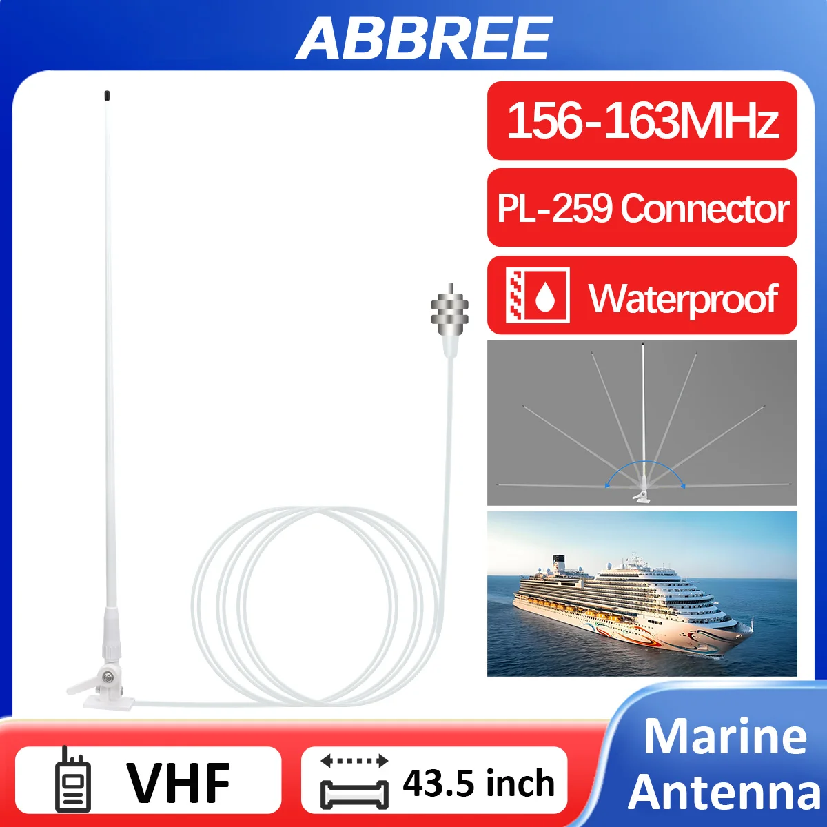 ABBREE antena marina VHF 156-163MHz PL259 Cable RG58 de fibra de vidrio impermeable 43,5 pulgadas para barco velero yate Radio Walkie Talkie