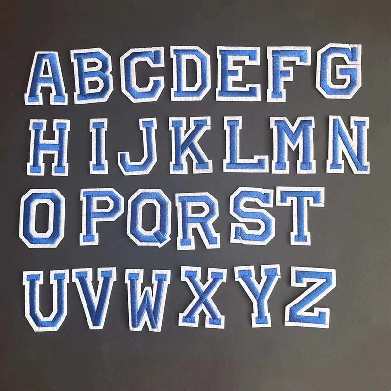 Letras en inglés del alfabeto azul A ~ Z con apliques bordados de borde blanco, parches termoadhesivos para ropa de tela