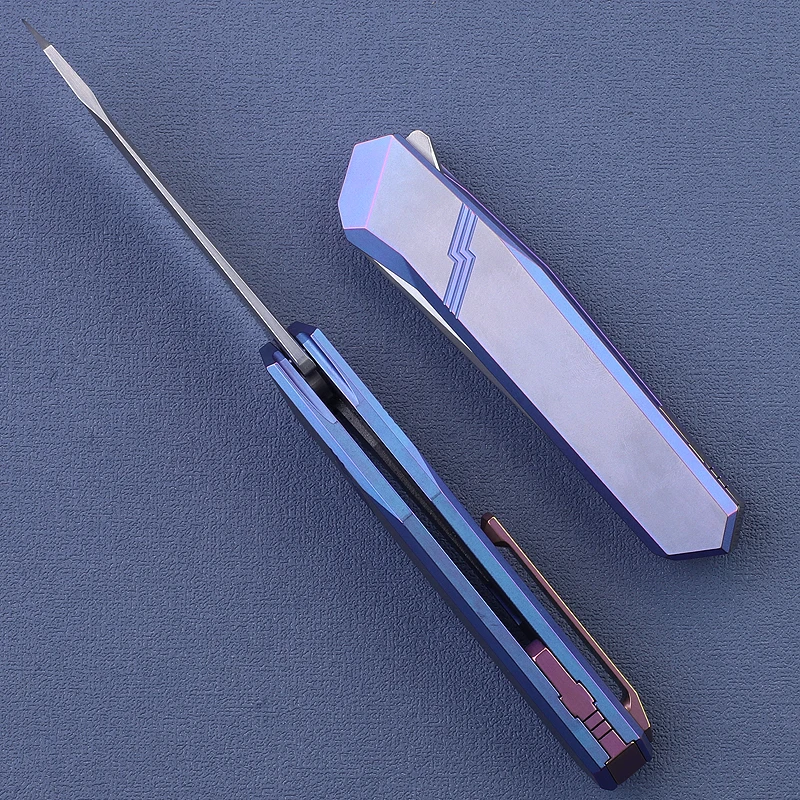 TBEKETEN Cuchillo táctico M390 damasco con mango titanio azul - imagen 4
