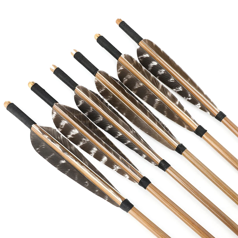 Flechas de bambú de 33,5 ", 6/12 piezas, tiro con arco, 5", pluma de pavo OD 8mm, eje de flecha, ranura de acorde para caza recurvo tradicional Longbow - imagen 3