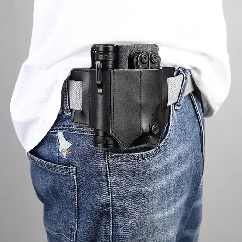 Herramienta EDC de cuero para exteriores, funda para cuchillo, bolsillos, soporte multiherramientas, organizador esencial, bolsa para cinturón, bolsillo para caza, linterna portátil - imagen 5