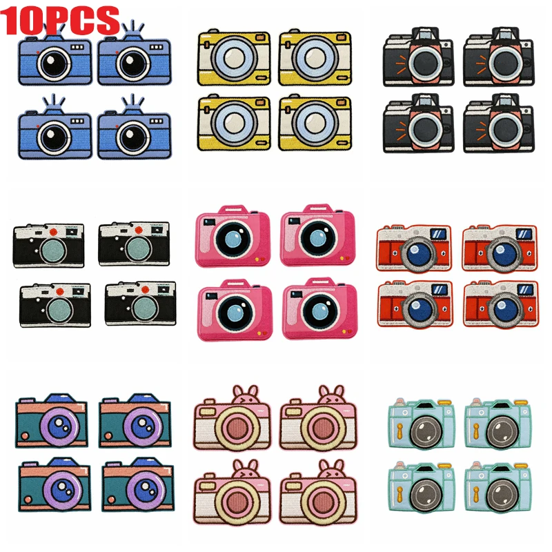 10 unids/lote, parches bordados con cámara de dibujos animados, chaquetas DIY, sombreros, bordado, apliques decorativos, parches para planchar para insignias de ropa