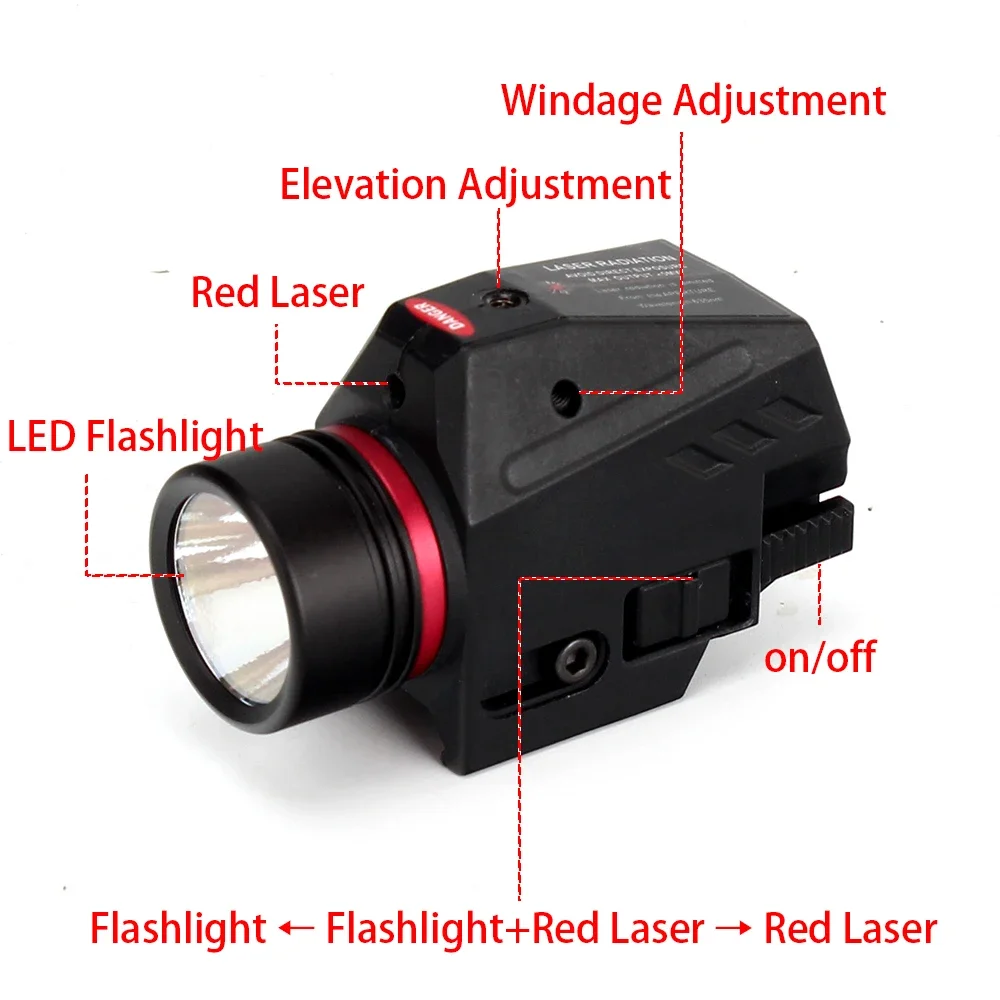Luz LED táctica para arma, linterna láser de punto rojo, mira militar para pistola Airsoft, Mini pistola de riel de 20mm - imagen 2