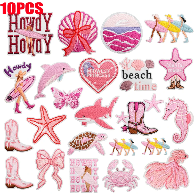Parches bordados con tema rosa de dibujos animados para niñas, insignias bordadas con forma de cangrejo, tortuga y delfines, parches para planchar para sombreros, chaquetas, bricolaje - imagen 2