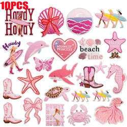Parches bordados con tema rosa de dibujos animados para niñas, insignias bordadas con forma de cangrejo, tortuga y delfines, parches para planchar para sombreros, chaquetas, bricolaje