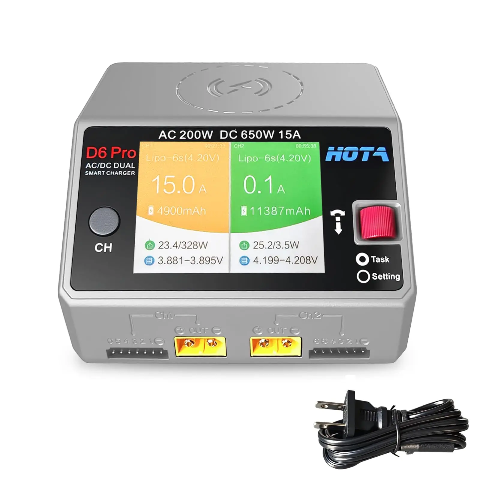 HOTA D6 Pro AC 200W DC 2X325W 2X15A canal cargador de batería inteligente descargador Lipo cargador para piezas de repuesto de drones Rc-gris/negro - imagen 2