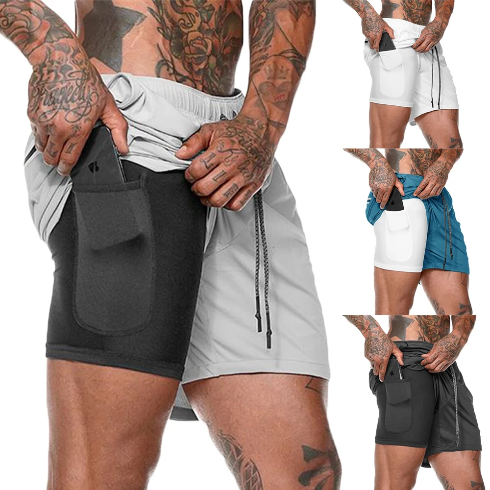 2025 Pantalones cortos de gimnasio para hombre, 2/3 Uds., pantalones cortos transpirables para correr, pantalones cortos de doble capa de secado rápido, pantalones cortos esenciales con múltiples bolsillos