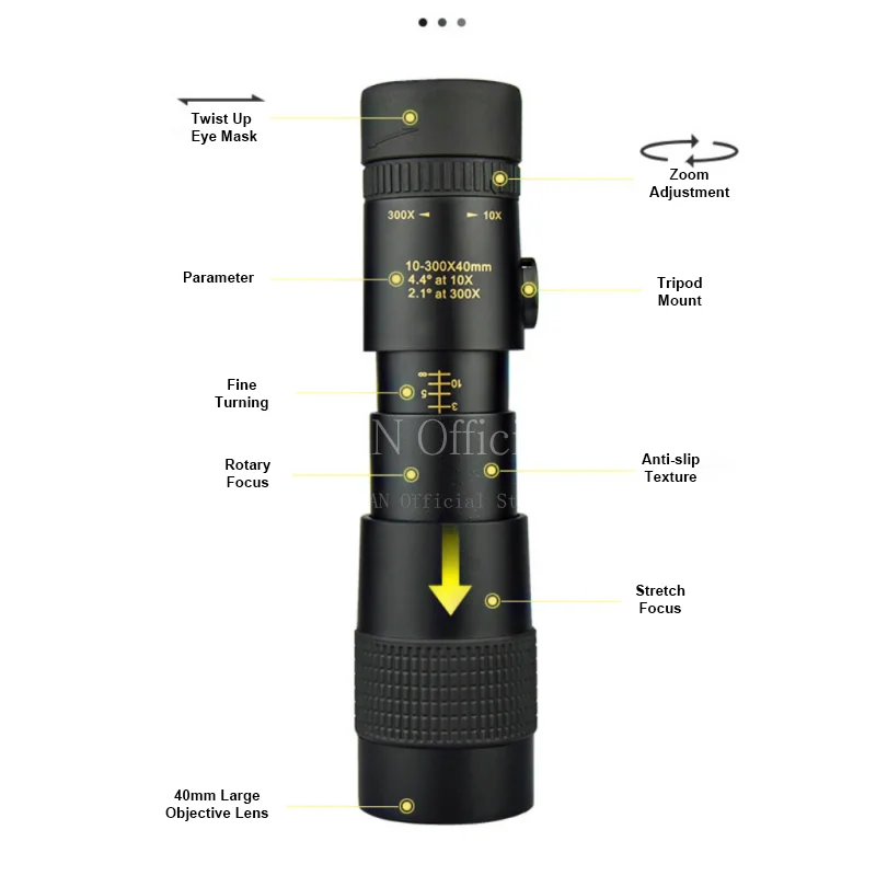 Telescopio Monocular de alta potencia con Zoom, telescopio portátil de 10-300x40mm, actualización HD con trípode, soporte para teléfono para observación de aves, caza y Camping - imagen 3