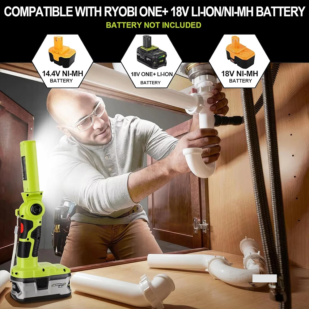 Nueva luz LED de trabajo para Ryobi, batería de 18V, linterna portátil de 12W con protección de bajo voltaje para Camping, taller, garaje con EE. UU. - imagen 5