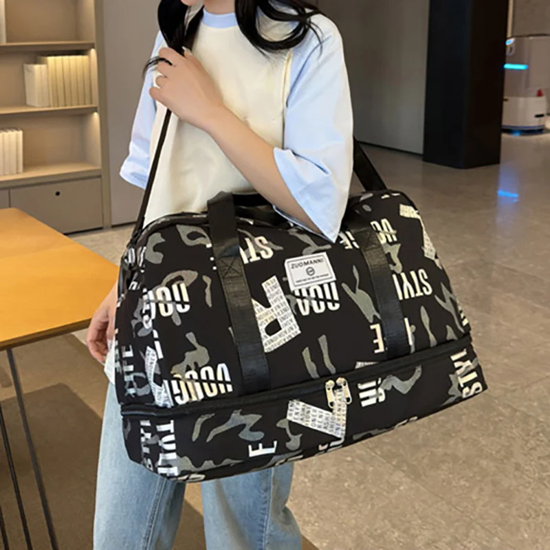 Bolsa de lona deportiva para Fitness, bolsas de Yoga secas y húmedas para gimnasio, estampado de letras, para exteriores, senderismo, Camping, natación, equipaje, bolso grande para fin de semana - imagen 3