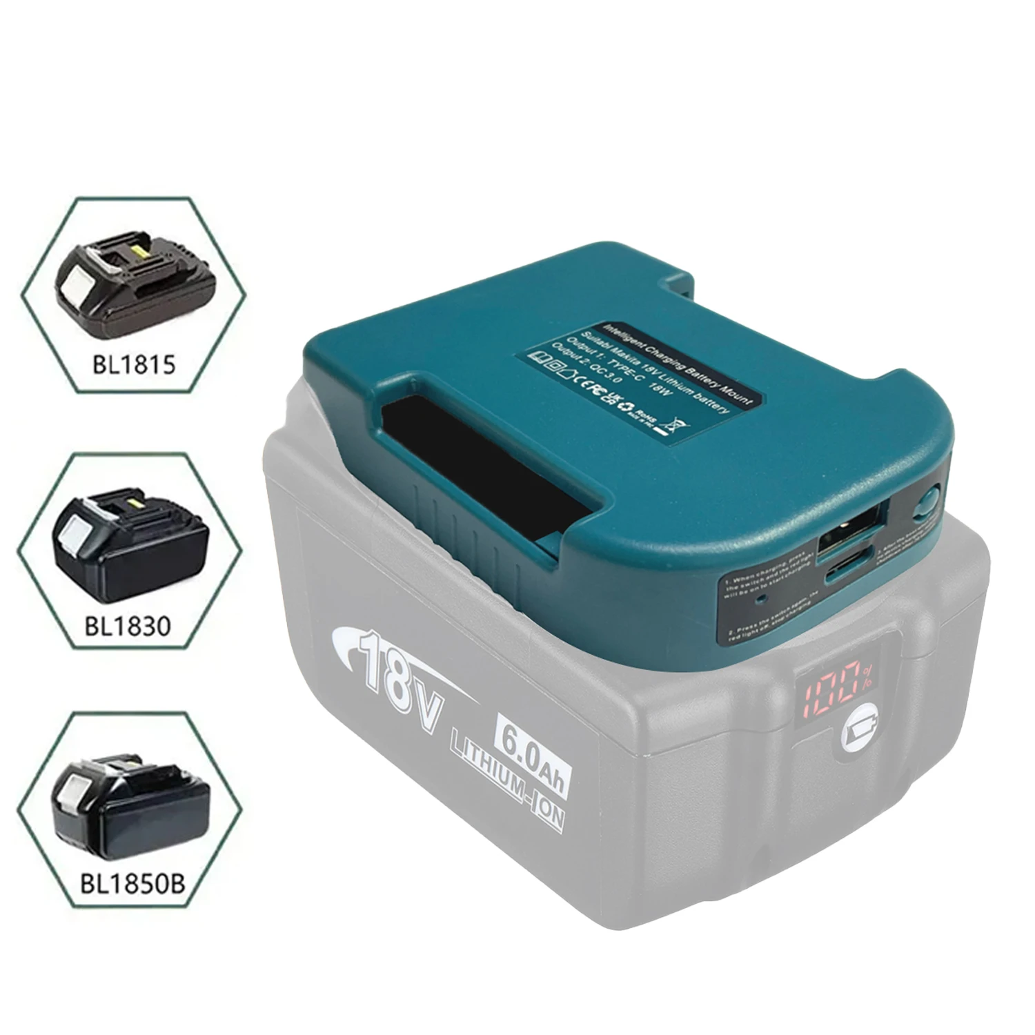 Adaptador de cargador portátil para batería de iones de litio Makita/Dewalt/Milwaukee de 18V con soporte de batería USB tipo C, cargador USB más nuevo - imagen 4