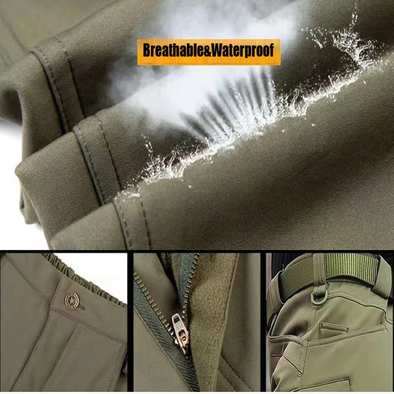 Hombres invierno impermeable pescado escalada Trekking capucha chaquetas táctica SharkSkin senderismo pantalones militares ejército caza Camping pantalones - imagen 3