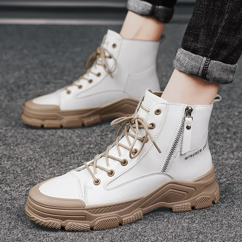 Botas de cuero para hombre, zapatos informales blancos a la moda, botines de estilo callejero, botas para exteriores, Otoño e Invierno - imagen 4