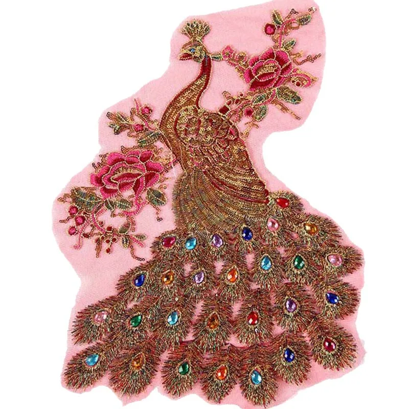 Parche de lentejuelas pavo plumas strass arcoíris encaje bordado