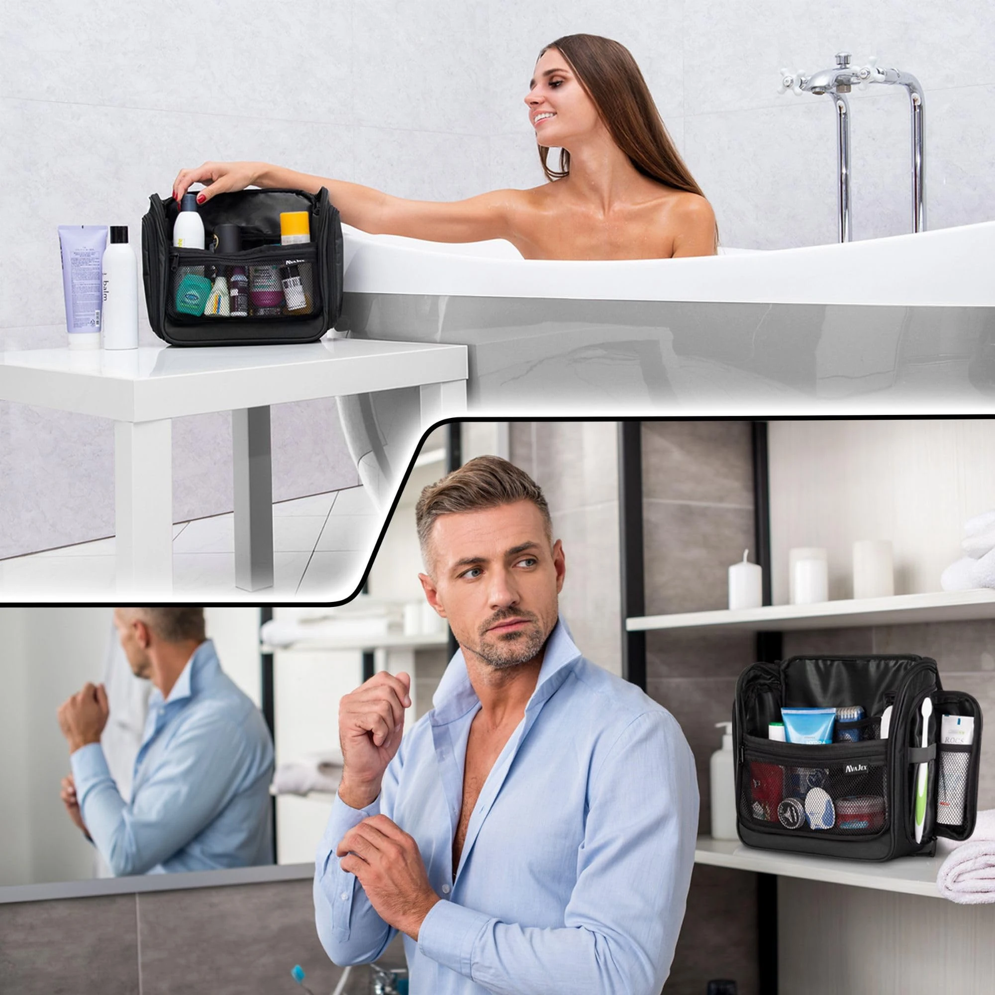 Neceser de viaje para hombres y mujeres, organizador de artículos de tocador colgante grande, bolsa de higiene impermeable con gancho giratorio de Metal para artículos de tocador - imagen 2