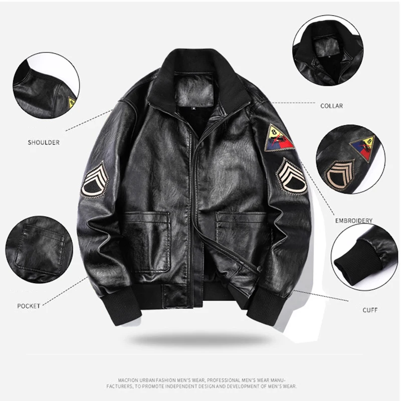 FURY-chaqueta militar de cuero para hombre, abrigo grueso y cálido de lana con brazalete bordado Vintage MA1, M-6XL talla grande, para invierno y otoño - imagen 4