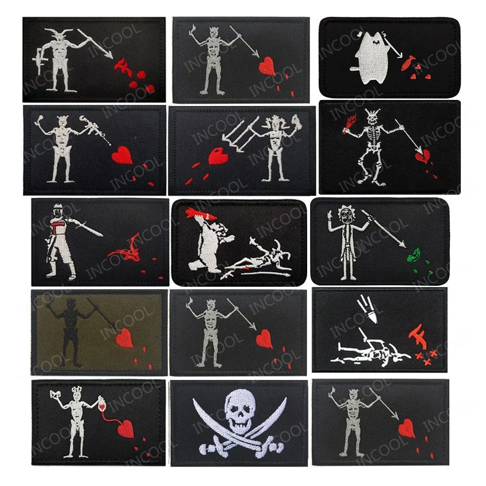 Parche bordado de barba negra Edward Teach Blackbeard, pirata reflectante Jolly Roger, calavera, corazón, esqueleto F, insignia luminosa para dedo - imagen 4