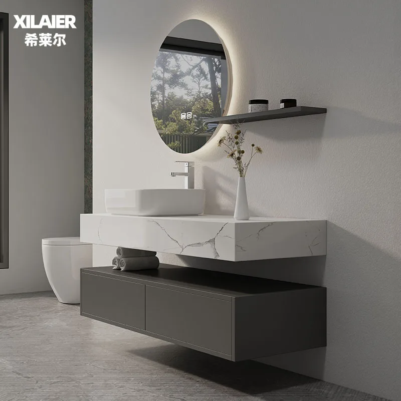 Mueble de baño moderno y sencillo con lavabo en la plataforma de roca combinado con un lavabo de pared personalizado para baño de lujo ligero. - imagen 3