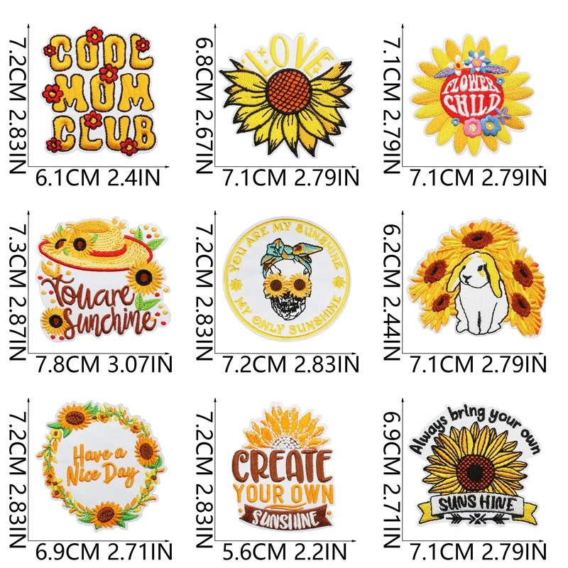 Parche bordado de girasol, 10 Uds., venta al por mayor, parches de flores con letras de corazón de amor para ropa, parches para planchar DIY para insignias de ropa - imagen 3