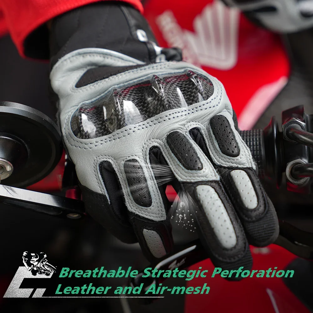 Guantes de cuero genuino para motocicleta, fibra de carbono, transpirables, a prueba de golpes, Motocross, ciclismo profesional, guantes de dedo completo - imagen 3