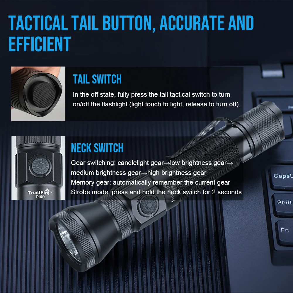 Trustfire-linterna táctica militar T15R, 2350 lúmenes, potente tipo C, recargable por USB, 18650 LED, lámpara táctica militar recargable - imagen 3