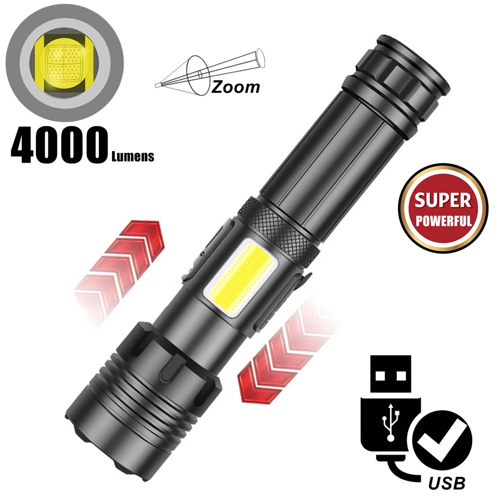 Linterna LED de alta potencia con Zoom XHP70 de 4000 lúmenes, carga Usb, antorcha para exteriores, caza, Camping, pesca, senderismo, lámpara de iluminación potente - imagen 2