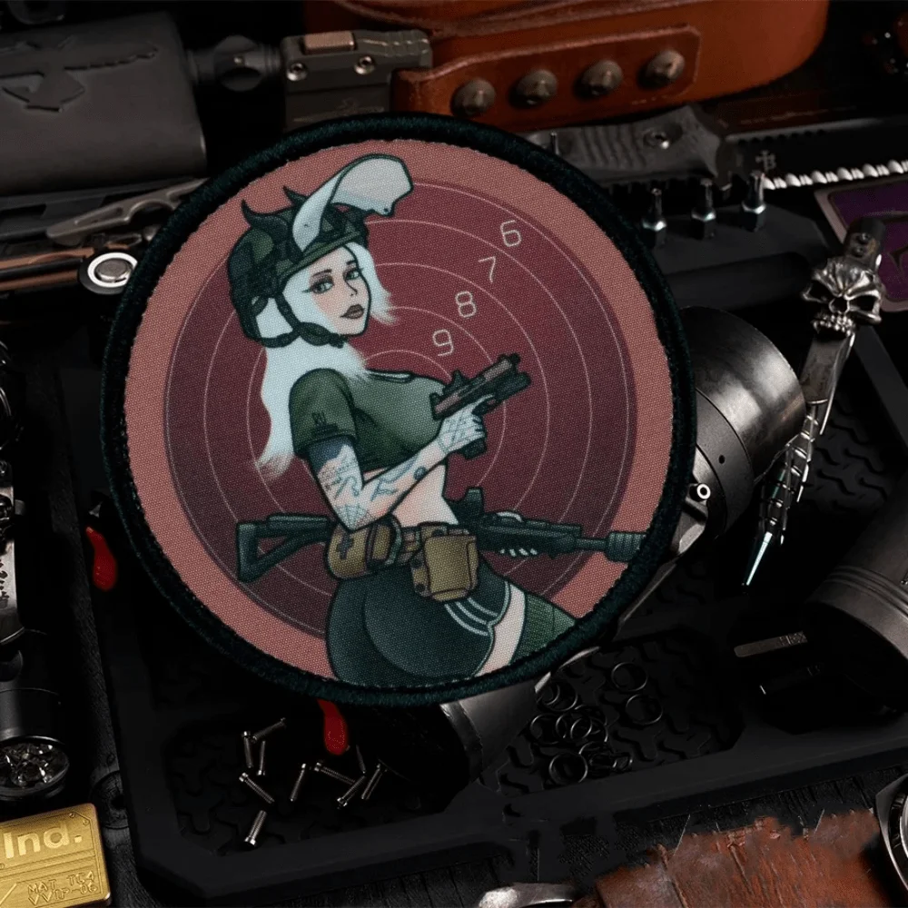 Parche táctico para chica de tiro al objetivo, parches de gancho y bucle impresos, insignia de moral militar, apliques, brazalete, pegatinas para mochila