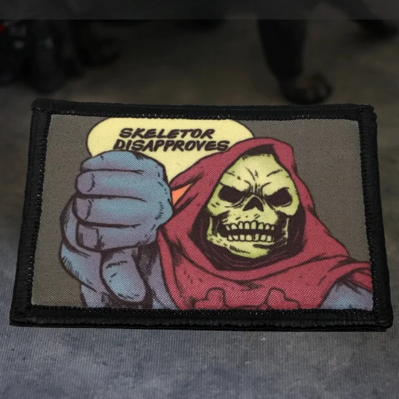 Skeletor-Parche táctico bordado, parches de gancho y bucle, bandera militar de EE. UU., insignia de moral de Calavera, pegatinas de mochila de combate