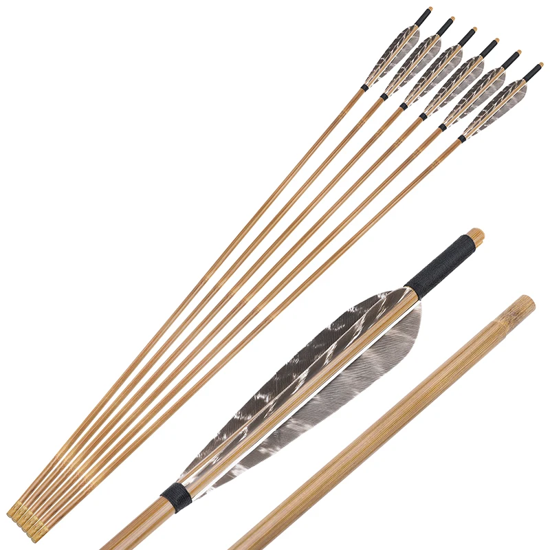 Flechas de bambú de 33,5 ", 6/12 piezas, tiro con arco, 5", pluma de pavo OD 8mm, eje de flecha, ranura de acorde para caza recurvo tradicional Longbow - imagen 5