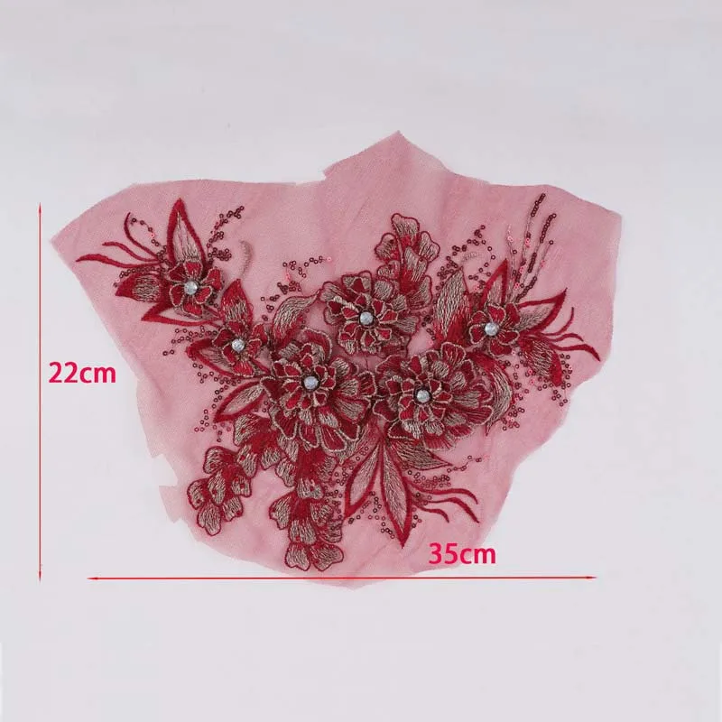 Parche de costura de corpiño de flor 3d, tela de encaje de diamantes de imitación de lentejuelas, bordado Floral, parches para coser para vestido de novia, 35x22CM - imagen 3
