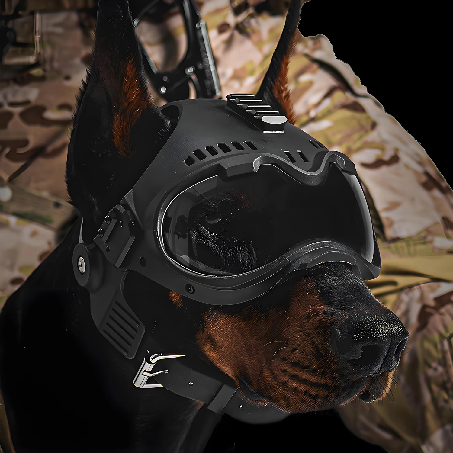 Casco para perros K9 con gafas balísticas y orejeras de protección auditiva con riel Picatinny para perros (MWD) Malinois Shepherds Spainiels - imagen 4