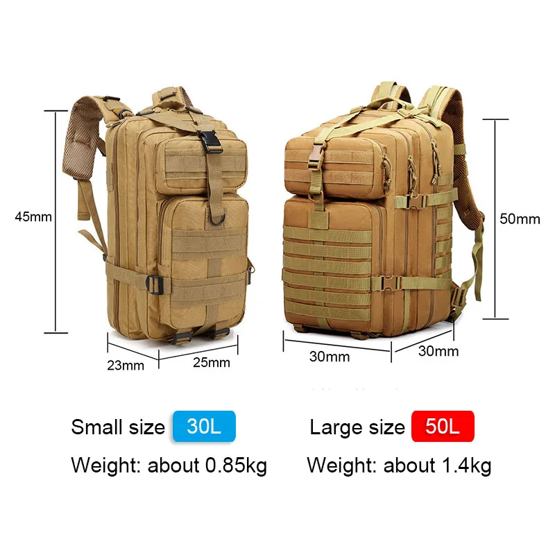 Mochila de viaje al aire libre, bolsa de senderismo, Camping, montañismo, MOLLE 3P, paquete táctico portátil, 30L/50L - imagen 5