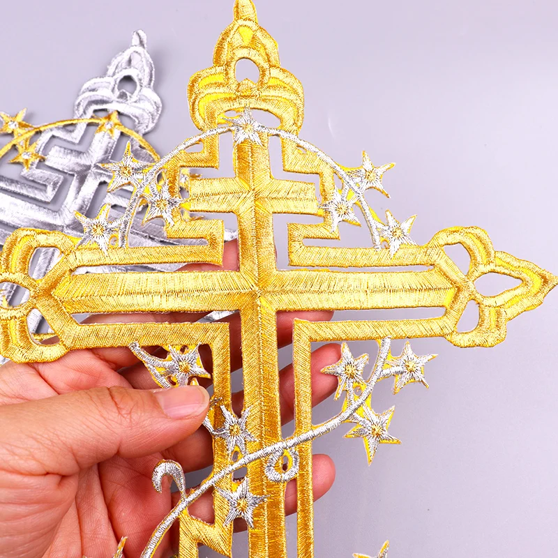 Parche bordado de cruz de Jesús para ropa, parches de planchado de Cruz dorada y plateada, apliques de personalidad, decoración artesanal - imagen 3