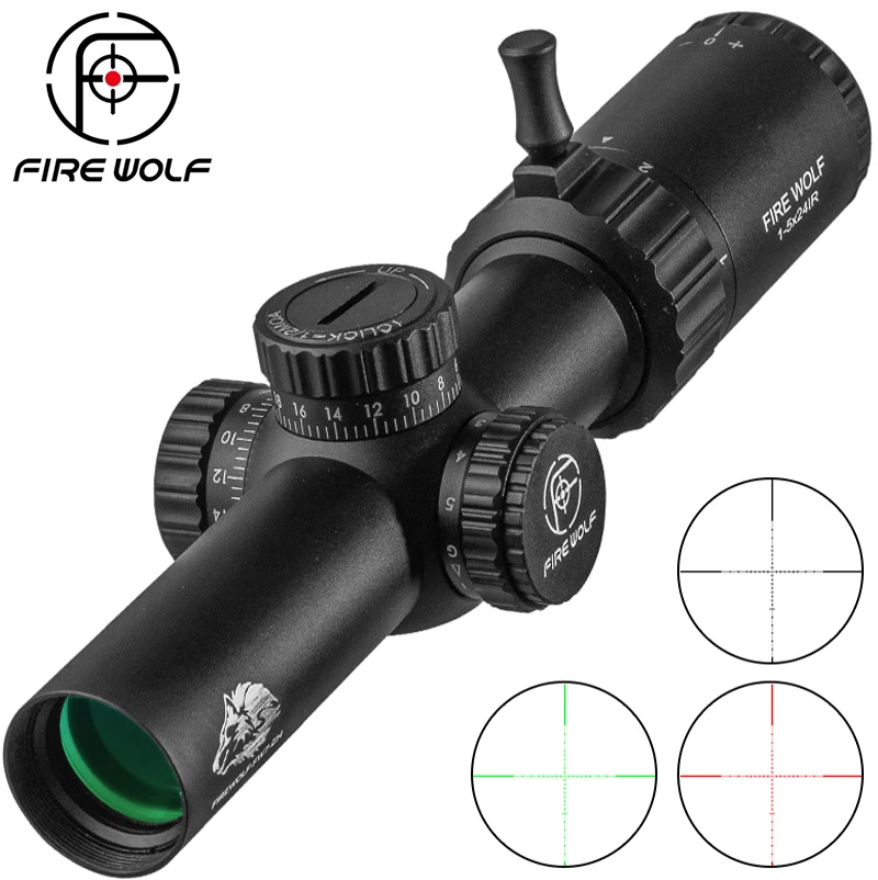 FIRE WOLF 1-5X24 IR alcance táctico Rifle gran angular Airsoft Riflescope caza óptica tiro arma vista rojo verde luz retícula