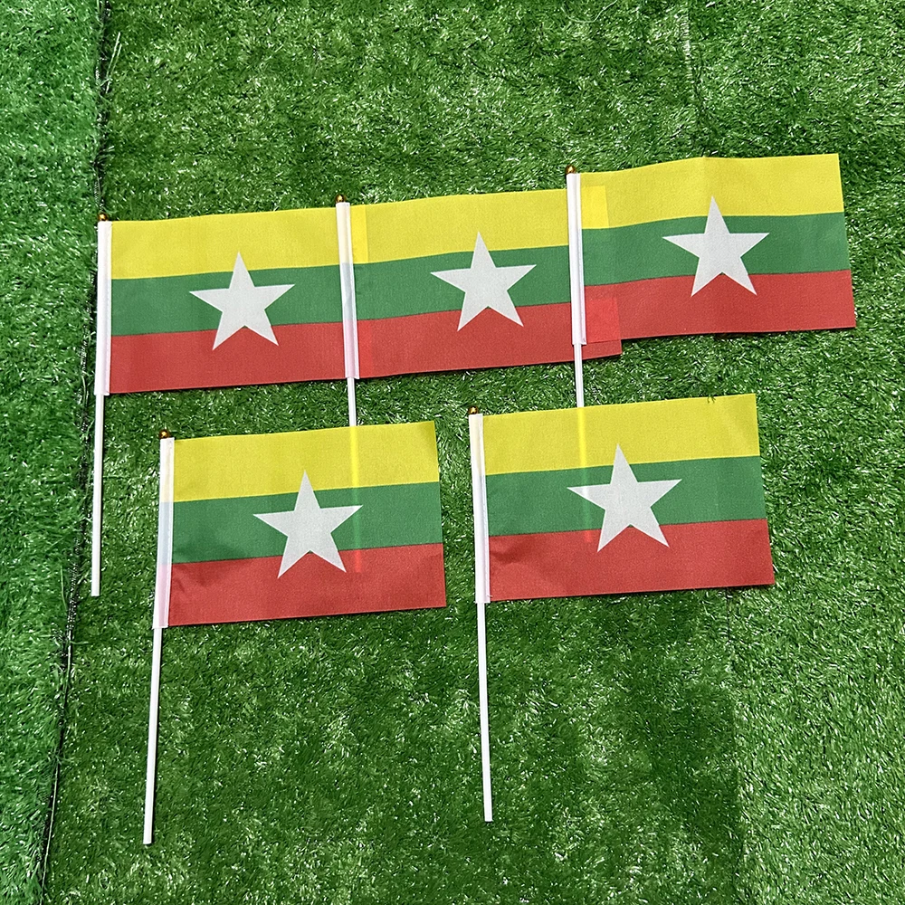 BANDERA SKY 10/20/50/100 Uds 21*14cm bandera de mano de Myanmar con mástil de bandera de plástico - imagen 2