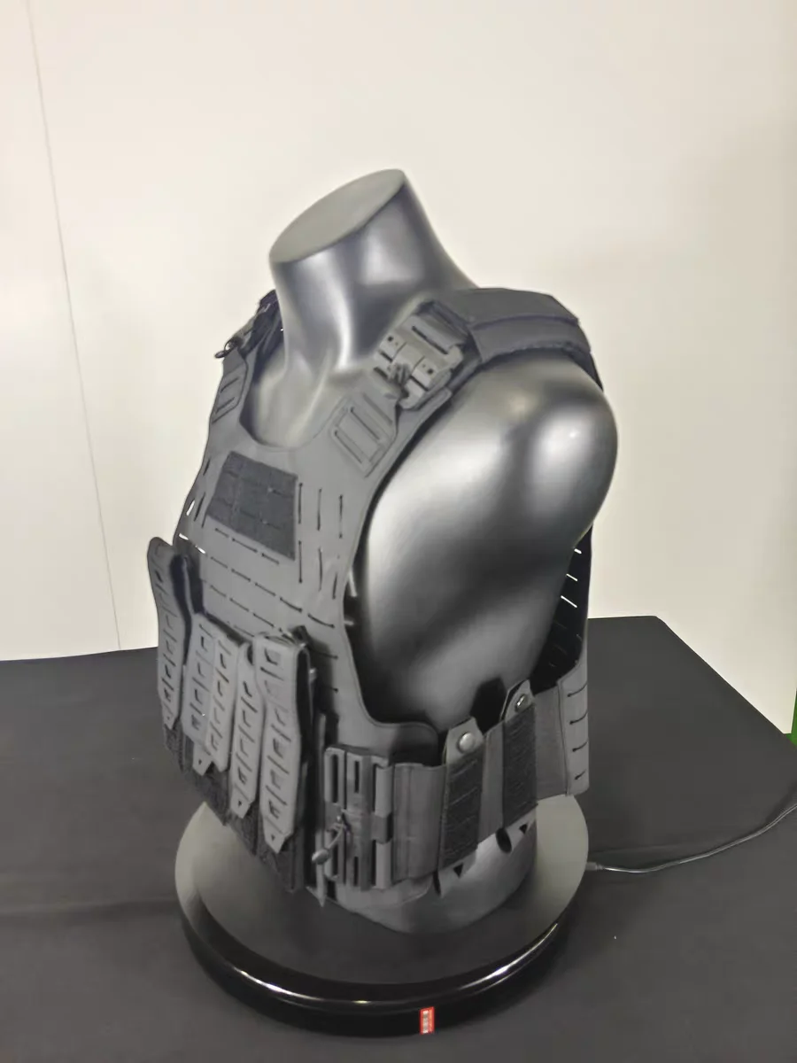 Chaleco táctico negro corte láser con bolsas MOLLE y mangas extraíbles - imagen 3