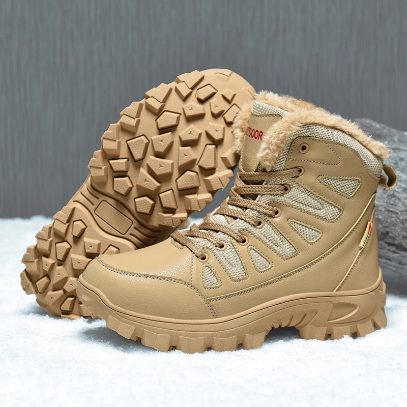 HIKEUP-zapatos de senderismo al aire libre para hombre, botas de nieve militares, de algodón, acolchadas, cálidas, tácticas, de cuero genuino, talla grande - imagen 3
