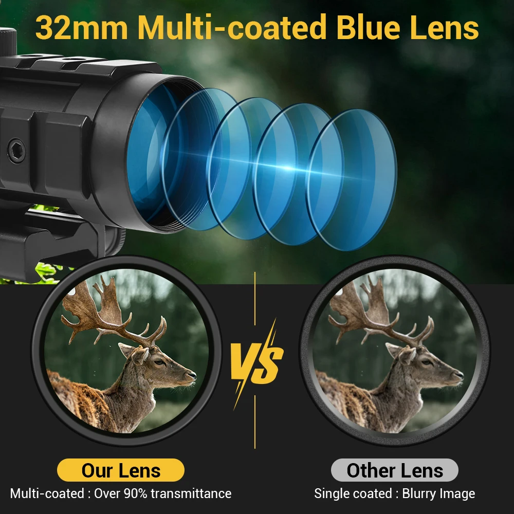 Mira telescópica de Rifle, Prisma táctico compacto CQB, óptica de prisma con punto rojo, mira de reflejo láser verde para caza Airsoft Wargame, 4x32 - imagen 4