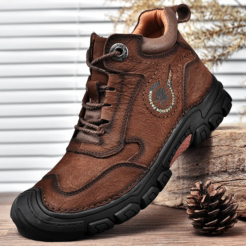 HIKEUP-zapatos para caminar para hombre, al aire libre Botas de senderismo, de cuero de vaca genuino, a la moda, suela antideslizante, zapatillas informales estables, de invierno - imagen 4