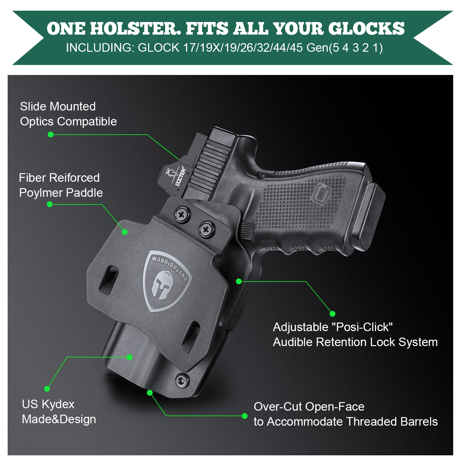 Sólo para Glock G17/G19/G19X/G26/G32/G44/G45 Gen(1-5), fundas tácticas OWB Kydex, pretina con soporte, funda de paleta de 1,75 pulgadas - imagen 4