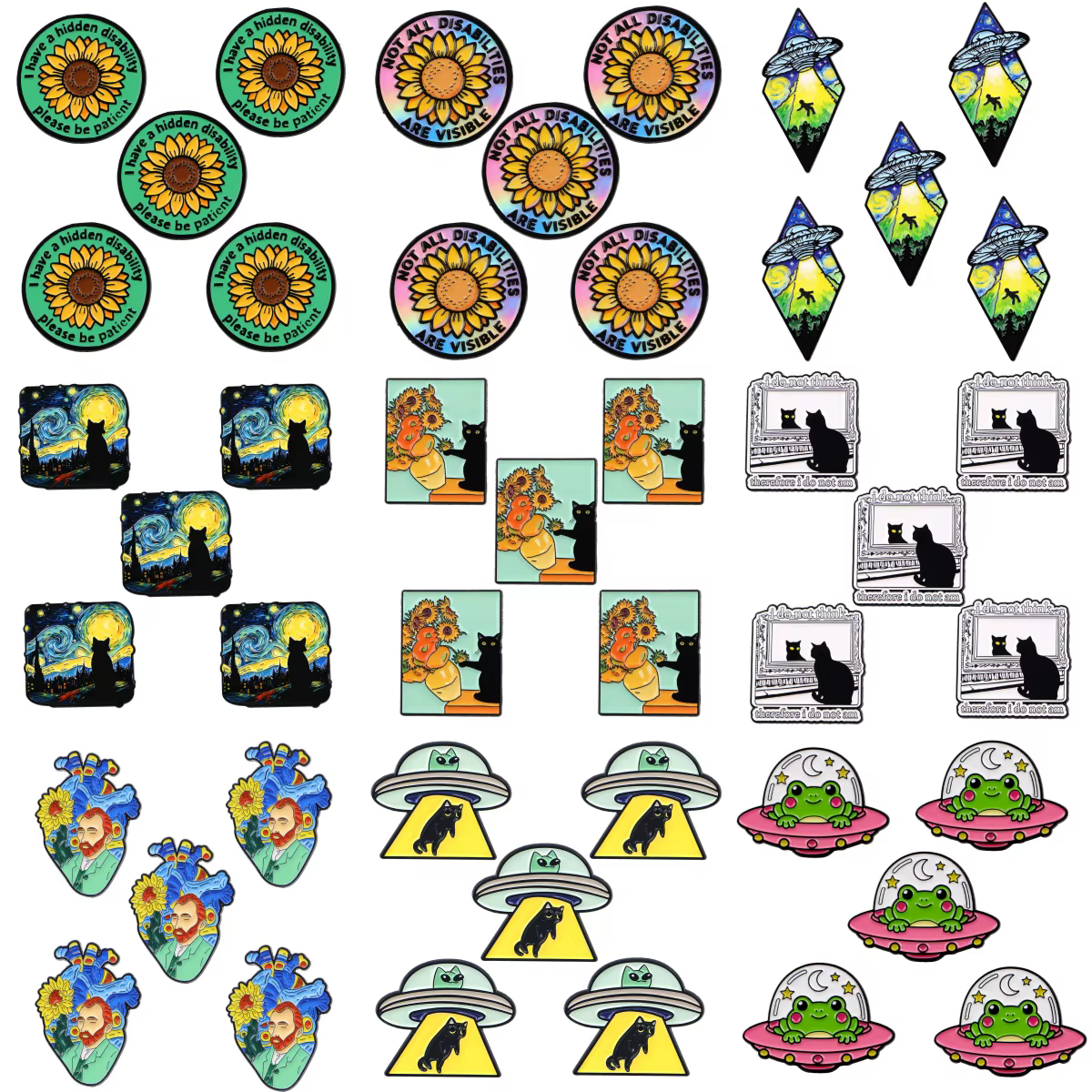 Pin esmaltado gato alienígena OVNI – Insignia Van Gogh para solapa