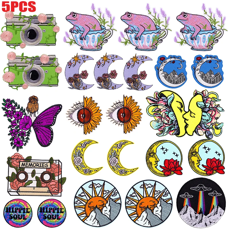 5 unids/lote cinta de mariposa y Luna parche bordado de flores parches de dibujos animados para ropa DIY parches para planchar para ropa pegatinas para coser