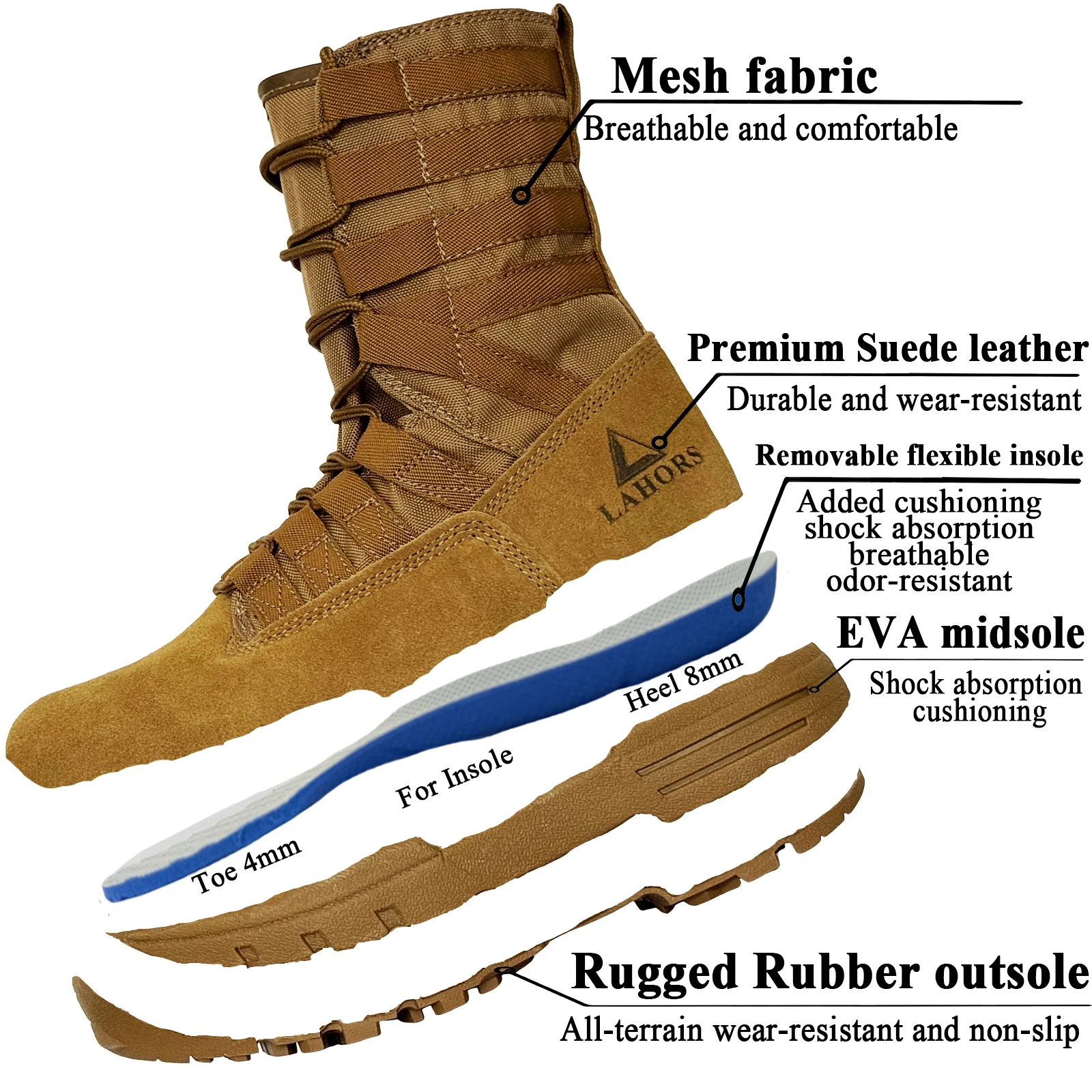 LAHORS ® Bota de combate táctica de cuero ligero para hombre, calzado militar para senderismo al aire libre, desierto, transpirable, hecho por el hombre - imagen 2