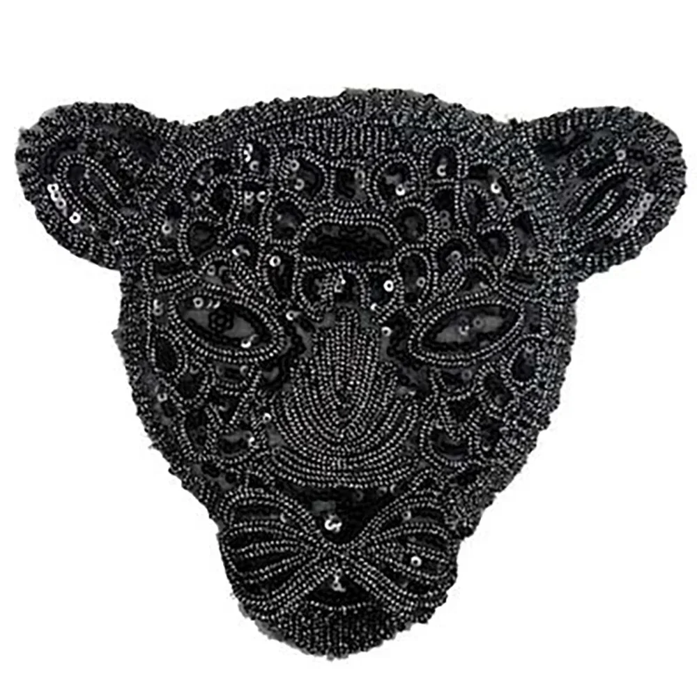 Parche bordado de cabeza de leopardo de encaje de lentejuelas negras grandes para ropa, ropa para coser en sudadera, pegatina de aplique de búho - imagen 4