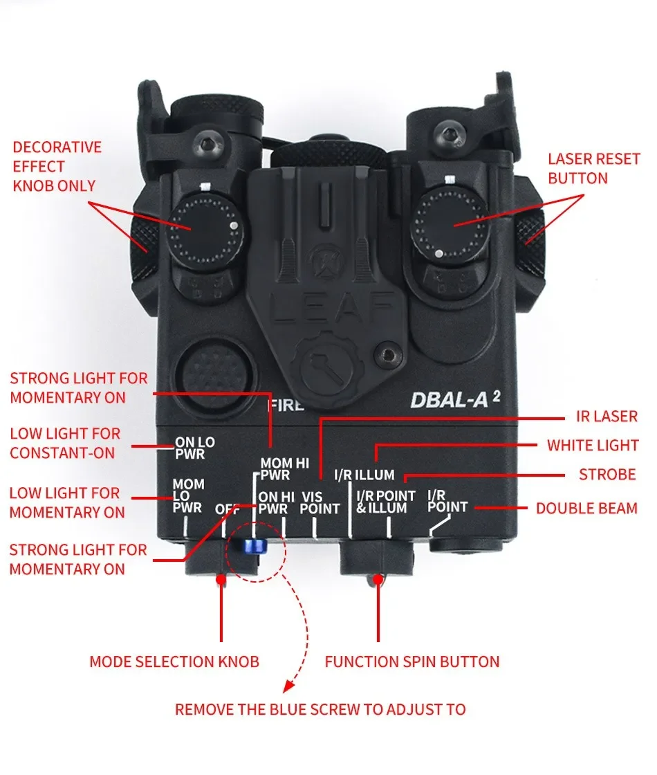 WADSN-DBAL-A2 láser de punto rojo, verde y azul, linterna LED blanca estroboscópica, Dbal, indicador táctico de caza, apto para riel de 20MM, sin IR - imagen 5