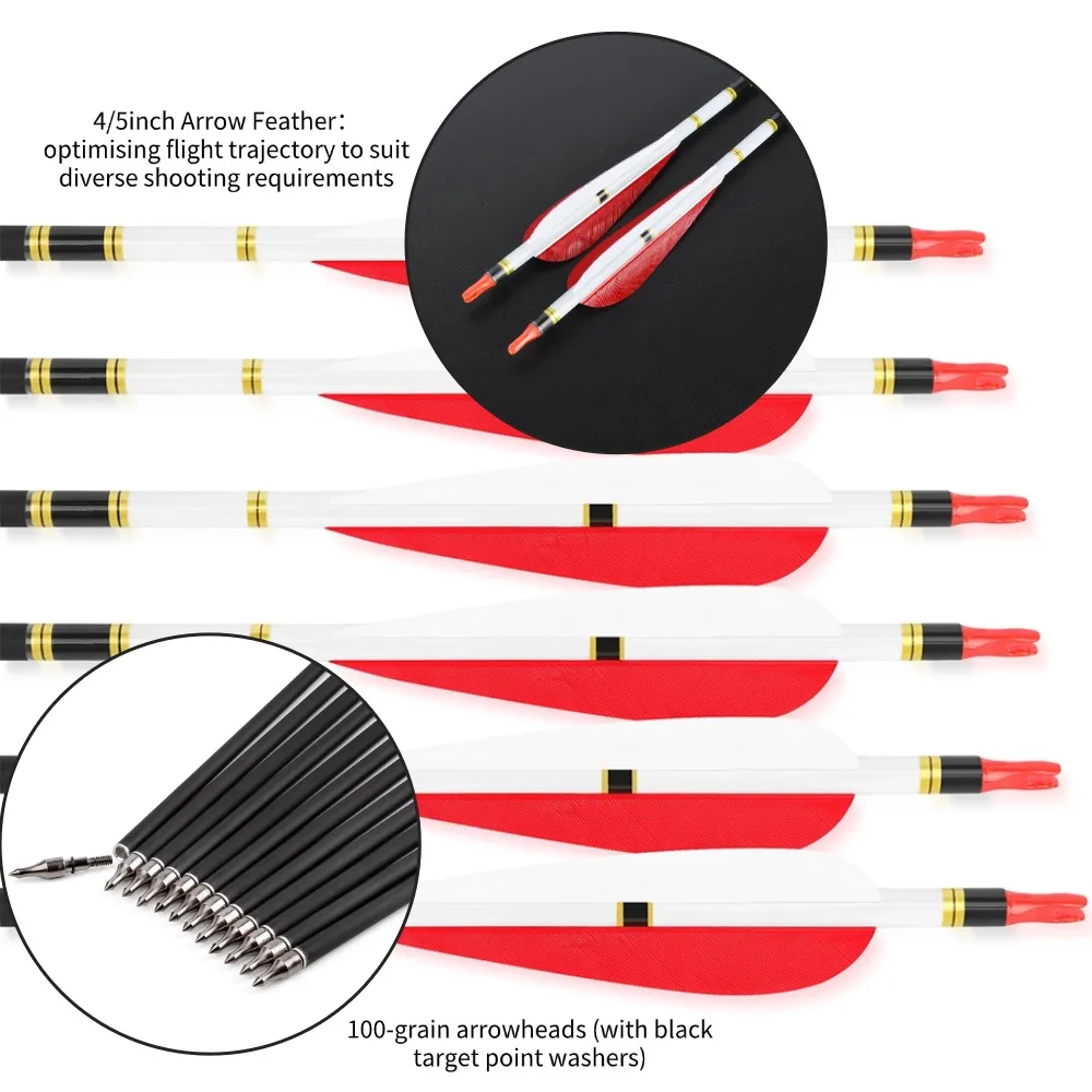 Spine500 flechas de carbono mixtas punta de flecha de grano 100 4/5 pulgadas gota de agua pluma de pavo caza tiro con arco deportes, 6/12 Uds flechas - imagen 3