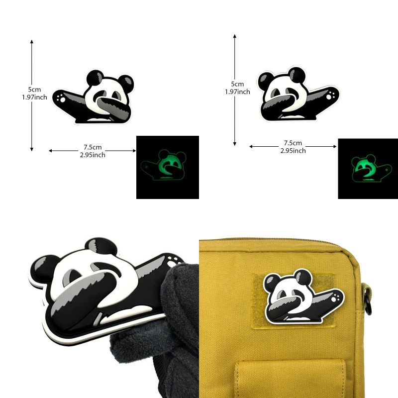 Parche de gancho y bucle de panda de dibujos animados, accesorios de PVC lindos y divertidos, parches brillantes, insignia moral al aire libre, insignias tácticas de ropa